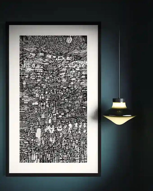 The Weight of Sky" vertical art print by Osman Gouma displayed on dark teal wall with modern pendant light fixture
