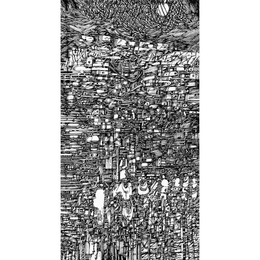 Black and white vertical pen and ink drawing by Osman Gouma showing dense hillside settlement with cascading makeshift structures
