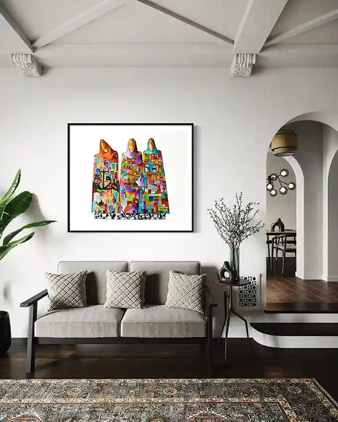 The Wise Ones by Gungalito framed print above sofa - colorful geometric figures in contemporary Mediterranean interior