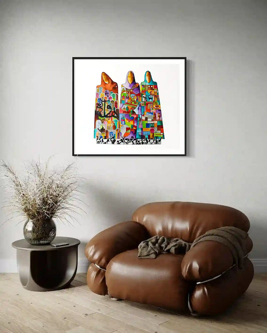 The Wise Ones by Gungalito framed art print - colorful abstract figures with geometric patterns in modern living room