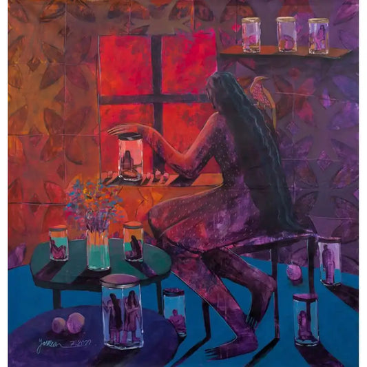 "They Placed Me In a Vessel" acrylic painting by Yasmeen Abdullah featuring figure surrounded by glass jars and vessels