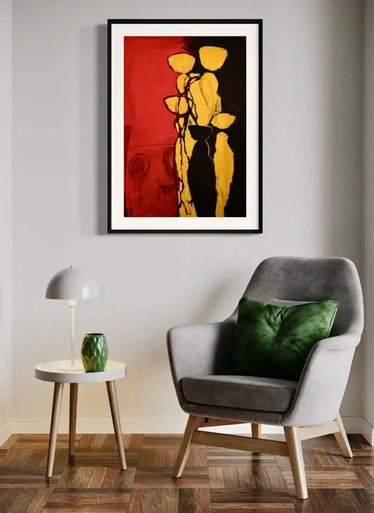 Threshold art print by Abdelmageed Afifi displayed in modern living room with gray chair and green cushion