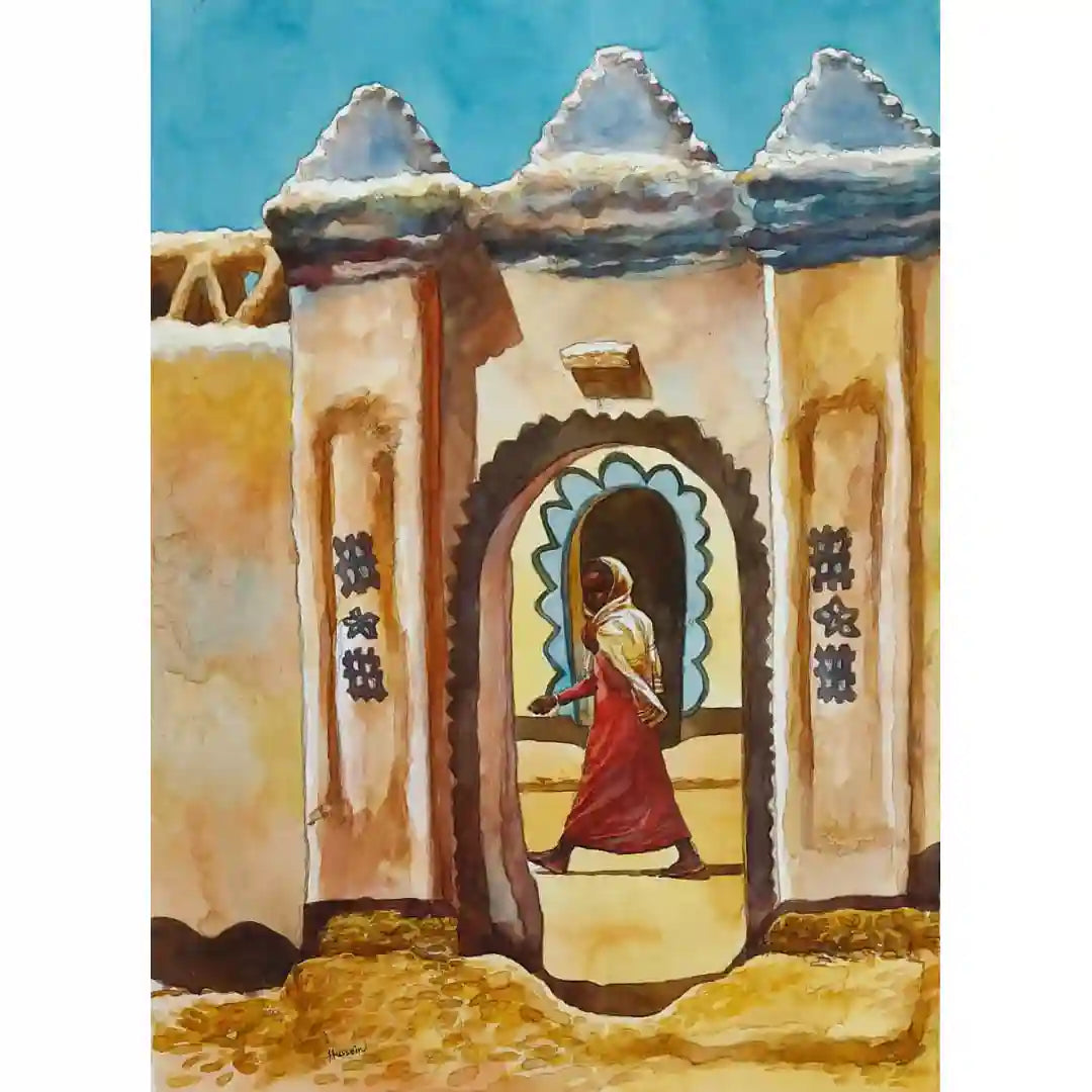 Through The Archway watercolor by Hussein Merghani showing figure in red robes, Islamic architecture art for sale