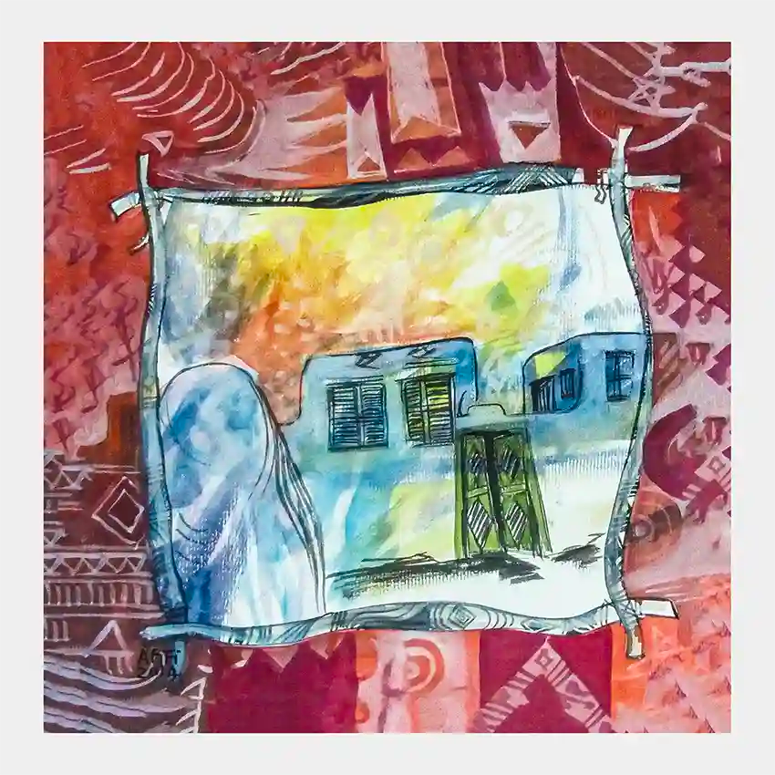 Watercolor art print "Through The Veil" by Abdelmageed Afifi showing Nubian patterns framing traditional houses & female silhouette