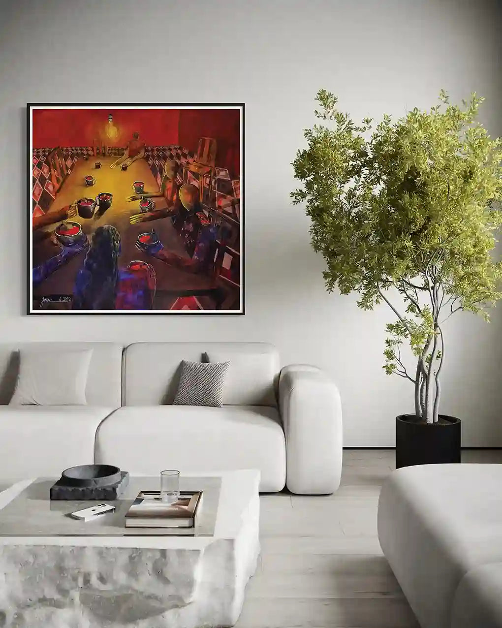 To The Enemy painting by Yasmeen Abdullah displayed in minimalist white living room with modern sofa and decorative plant