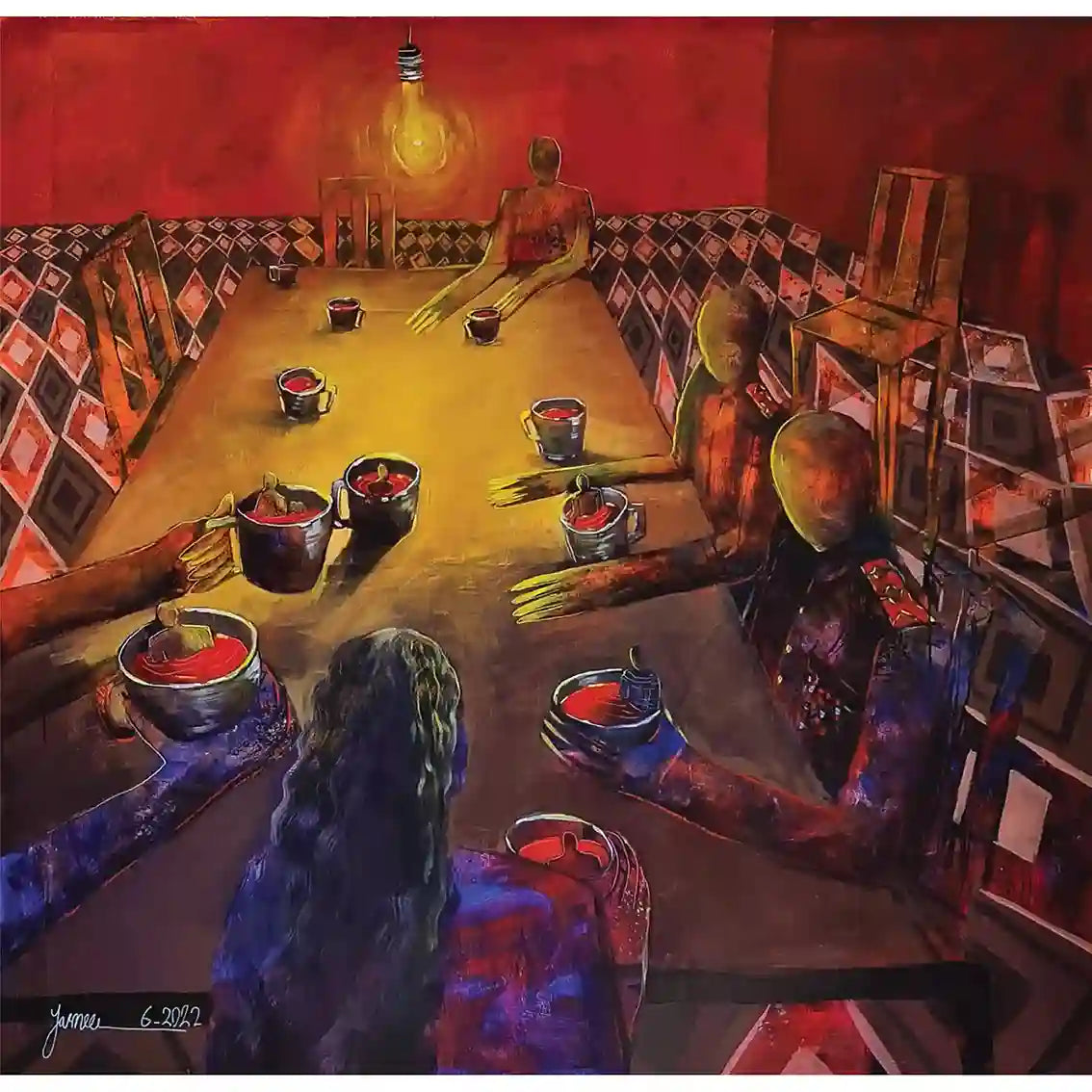 To The Enemy acrylic painting by Yasmeen Abdullah - surreal dining scene with tea cups and mysterious figures in warm tones