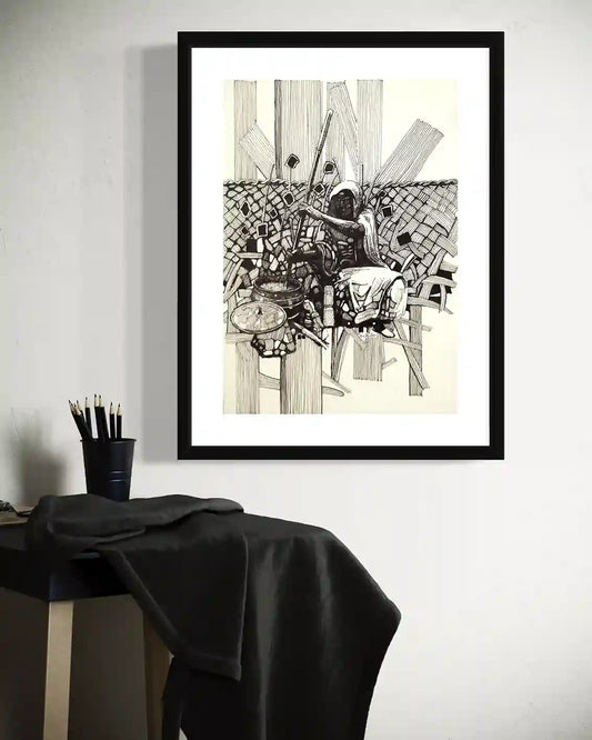 Traditional Kitchen framed ink art by Obada Gabir in modern interior, black frame wall decor showing cultural artwork