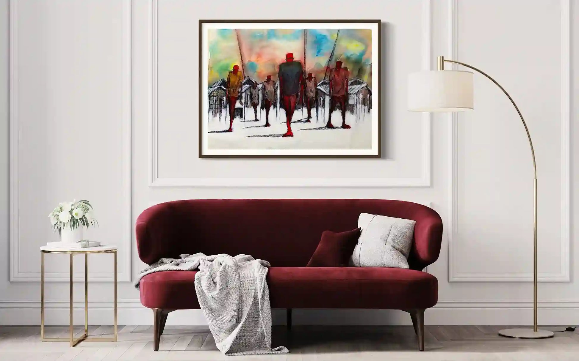 Travel Wide painting by Mujahid Alhadi displayed in elegant living room mockup with burgundy sofa and modern decor