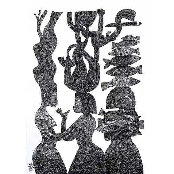 "The Tree Mothers" by Tariq Nasre showing three female figures with organic growth above, one carrying fish