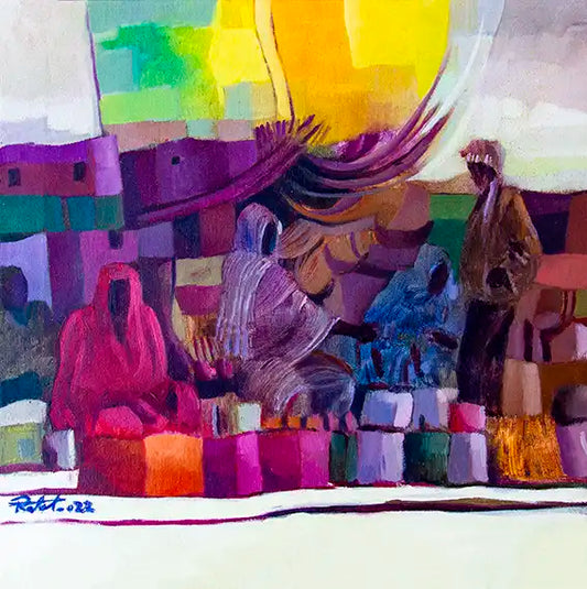 Under a Golden Sky abstract art print by Rafat Omar featuring colorful market scene with figures under luminous yellow sky