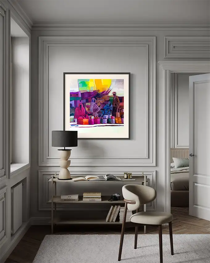 Under a Golden Sky art print by Rafat Omar in black frame displayed in elegant classic interior with gray paneled walls