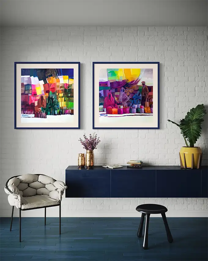 Under a Golden Sky art print by Rafat Omar displayed as diptych pair above navy credenza on white brick wall mockup