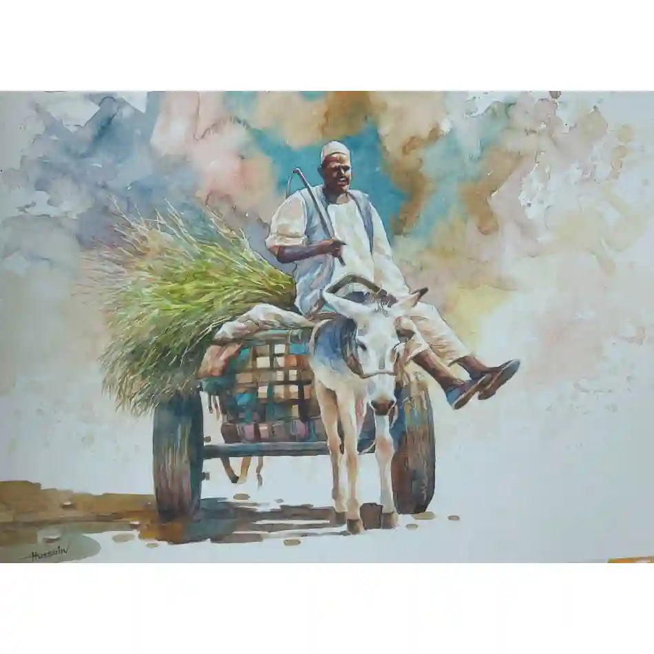 Under Open Sky watercolor by Hussein Merghani showing Sudanese man with donkey cart, original art for online store