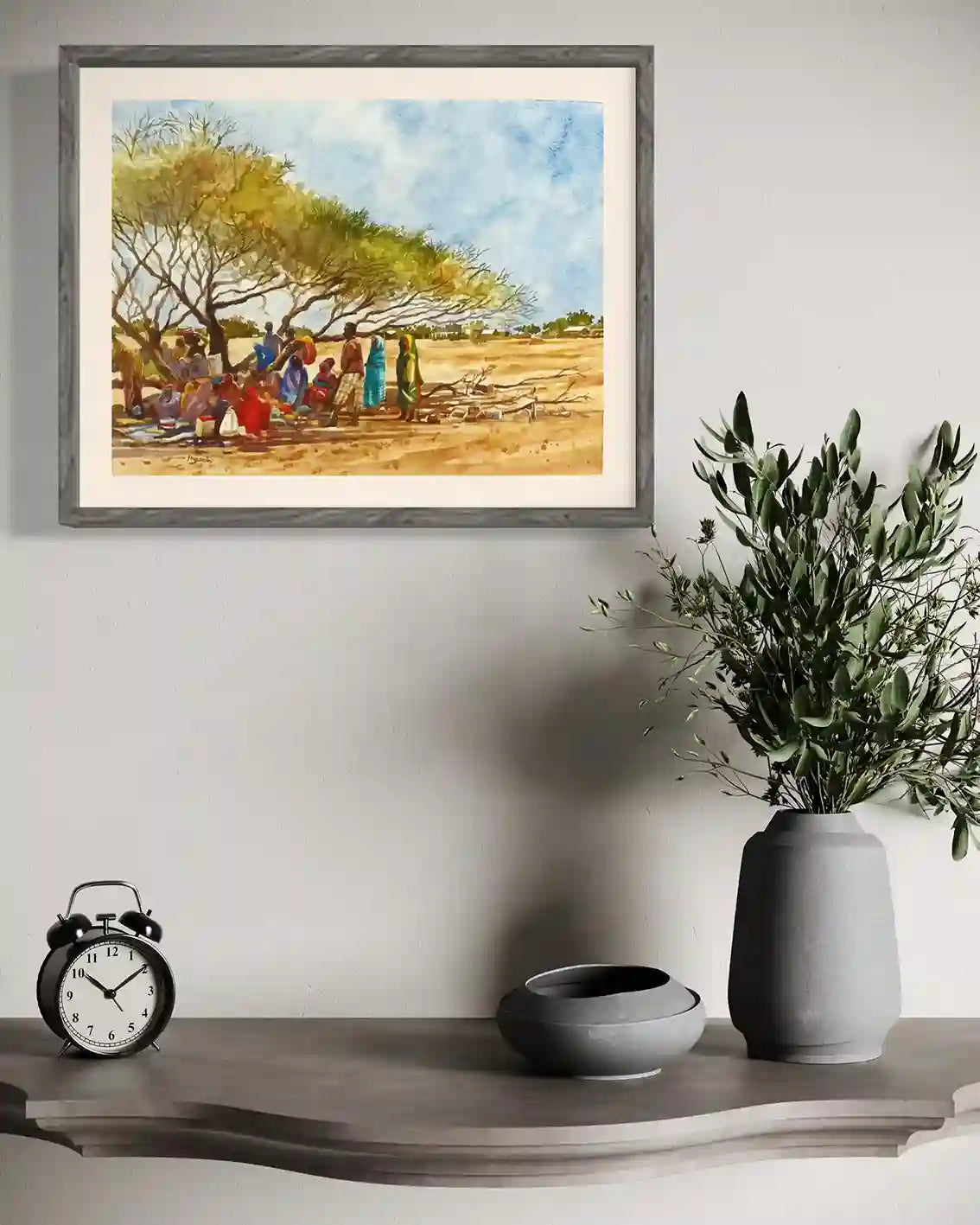 Under the Acacia watercolor by Hussein Merghani framed on wall, African village community painting home decor mockup