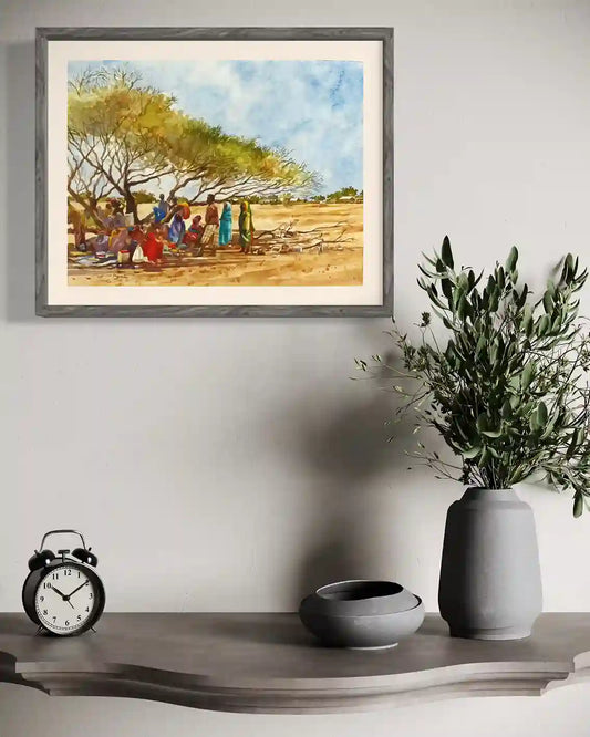 Under the Acacia watercolor by Hussein Merghani framed on wall, African village community painting home decor mockup