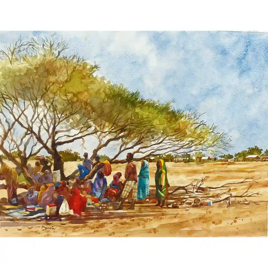 Under the Acacia watercolor by Hussein Merghani showing community gathering under tree, African village art for sale