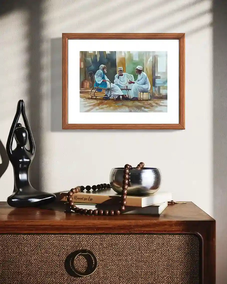 Under the Shade watercolor by Hussein Merghani framed in modern interior, three men conversation wall art mockup