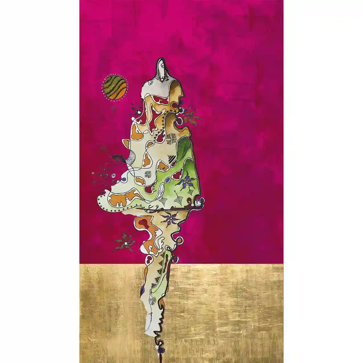 Digital collage 'Untouchable' featuring Sudanese woman in traditional dress against vibrant pink and gold background