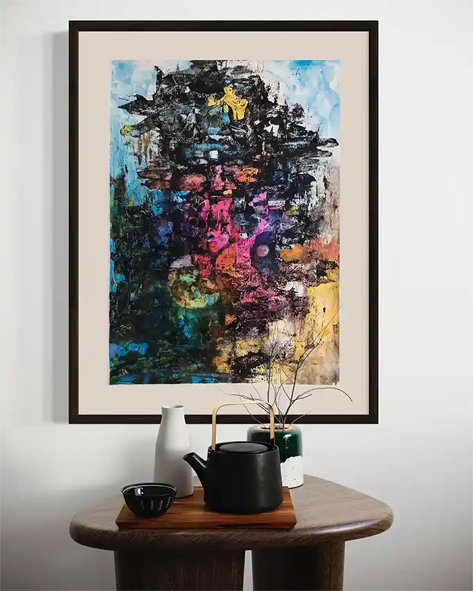 Vagueness by Samir Shareef framed abstract art - acrylic on paper displayed in minimalist interior with tea set styling