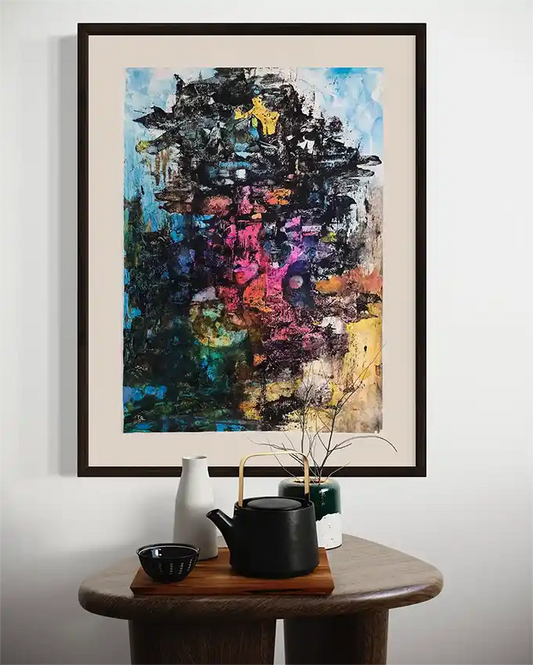 Vagueness by Samir Shareef framed abstract art - acrylic on paper displayed in minimalist interior with tea set styling