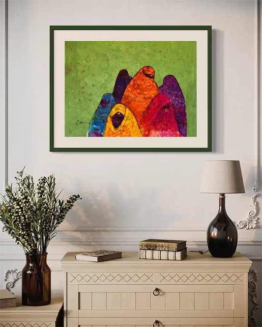 Veiled in Colour by Mohamed Ohaj framed art print mockup in elegant living room with lamp, books and decorative styling