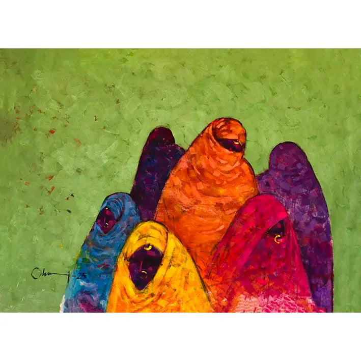 Veiled in Colour art print by Mohamed Ohaj showing vibrant robed figures in orange, purple, yellow against green background