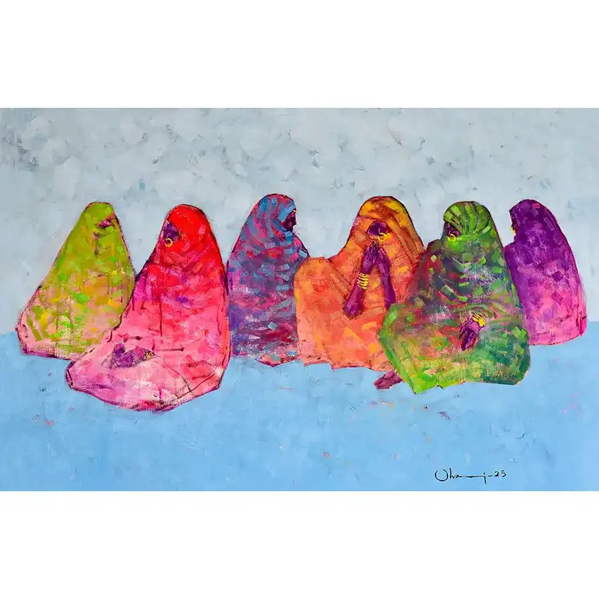 The Veiled Rainbow art print by Mohamed Ohaj showing six colorful robed figures in lime, coral, orange, purple against blue sky