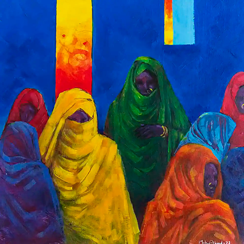 Veiled Voices art print by Mohamed Ohaj showing colorful robed figures in yellow, green, orange against deep blue background