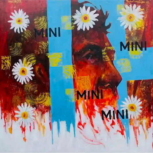 Waiting acrylic on canvas painting by Mujahid Alhadi featuring daisies, mixed media collage with vibrant colors and textures