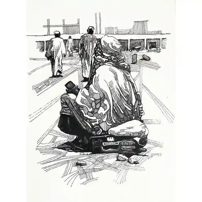 Waiting by Obada Gabir - Black and white ink painting of Sudanese woman sitting on suitcase at train station, fine art print