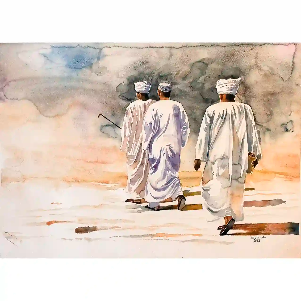 Walking on Air watercolor art print by Salih Abdo showing three Sudanese men in white robes crossing desert landscape