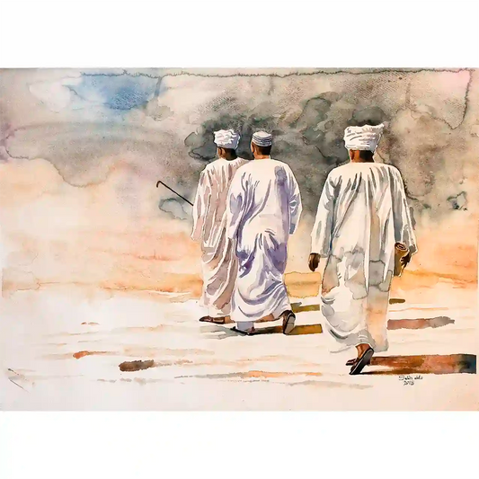 Walking on Air watercolor art print by Salih Abdo showing three Sudanese men in white robes crossing desert landscape