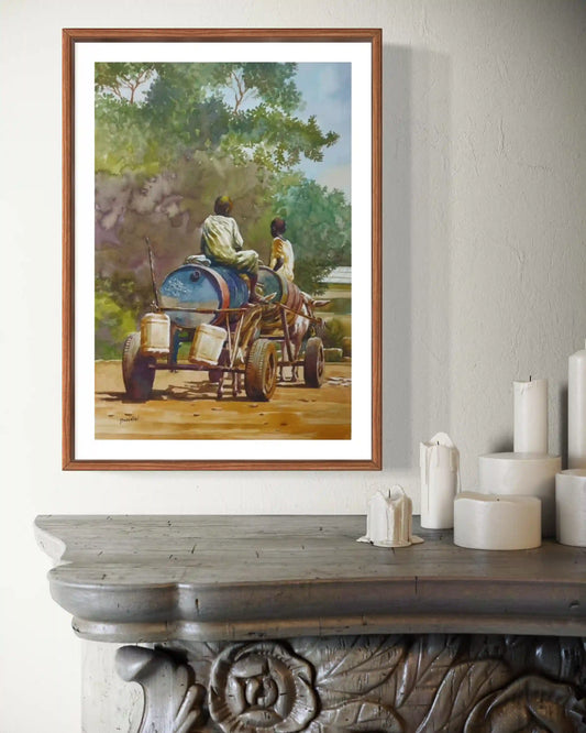 Water Cart by Hussein Merghani watercolor print in wooden frame on rustic console with candles home decor mockup display