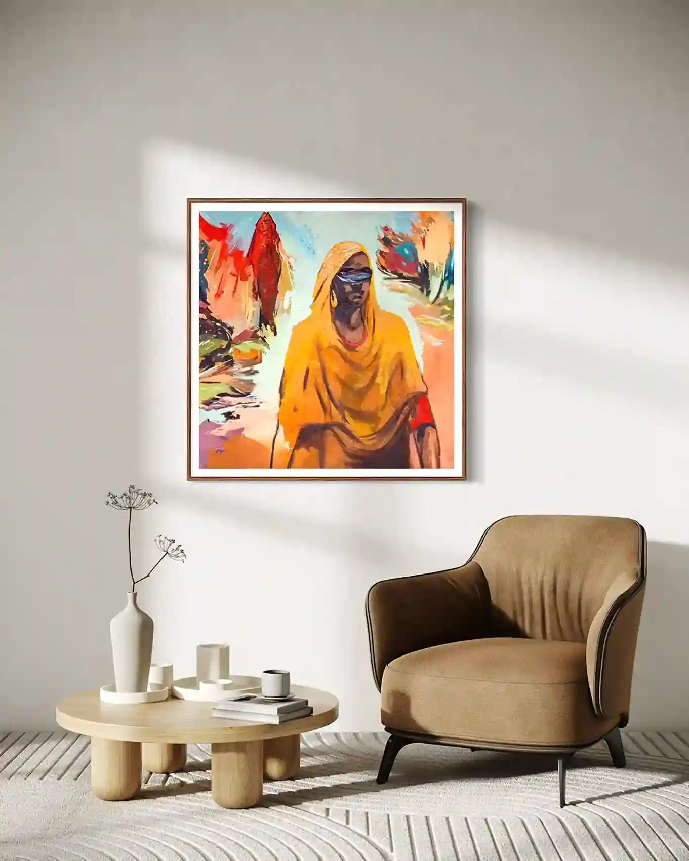 On the Way Back 2 original painting by Bakri Moaz displayed above beige armchair in minimalist living room