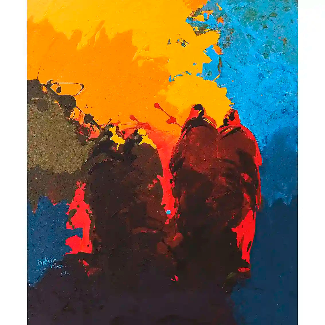 'What Remains' abstract art print by Bakri Moaz featuring four spiritual figures in golden and blue tones, perfect wall art