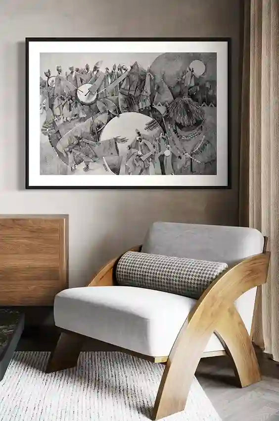 Whirling Souls art print by Abdelrahman Buluk in black frame above modern wooden chair with white cushions