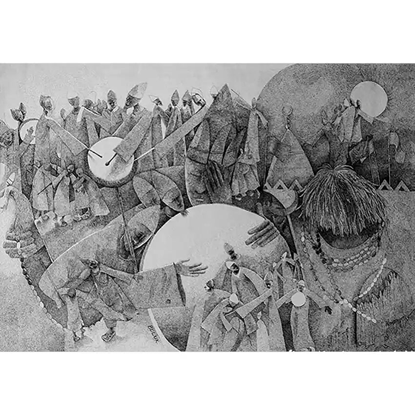 Whirling Souls black and white pointillism art print by Abdelrahman Buluk showing Sufi dervishes in mystical ceremony