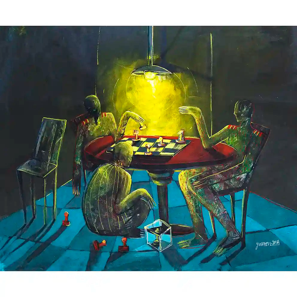Who Sold The Country acrylic painting by Yasmeen Abdullah featuring figures playing chess under glowing lamp on blue floor