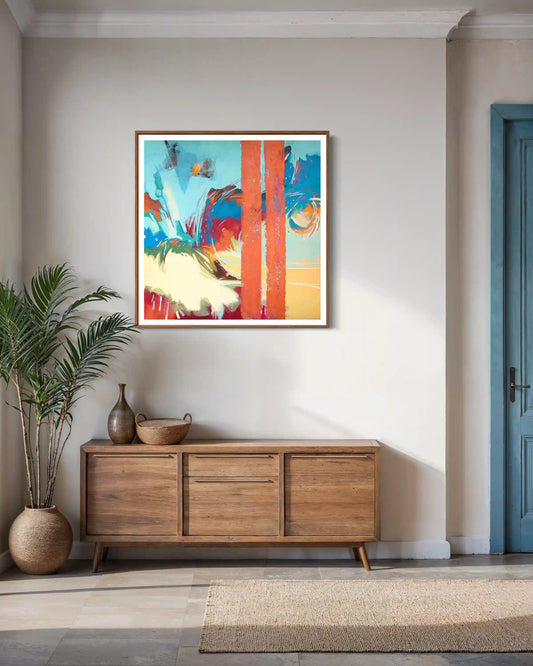 Within The City abstract art print by Bakri Moaz displayed in modern living room above wooden sideboard with plant decor