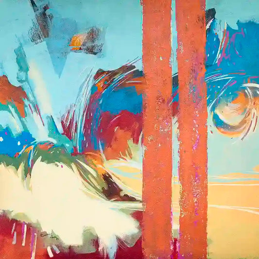 Within The City abstract art print by Bakri Moaz featuring vibrant coral, blue, orange brushstrokes in modern urban style.