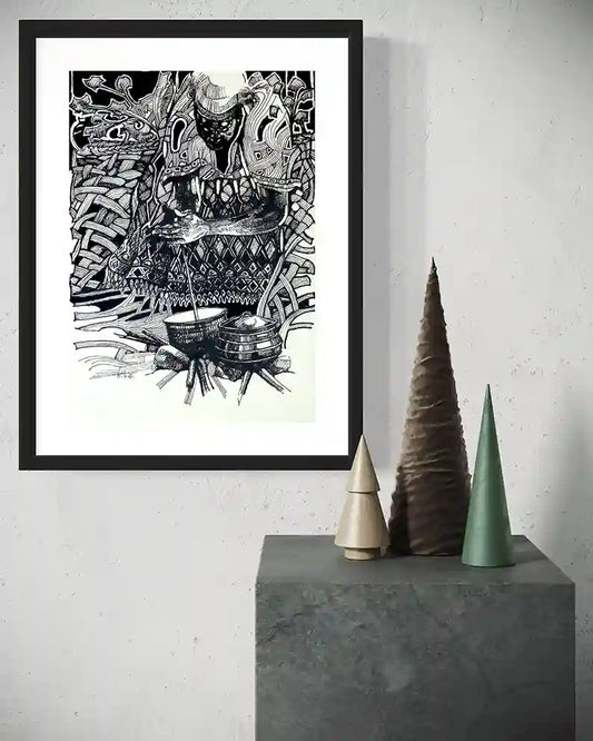 Woman and Cooking Pot framed art by Obada Gabir in modern interior, Sudanese ink drawing home decor wall art mockup