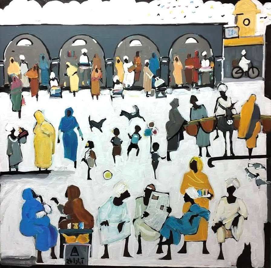 A canvas painting featuring a market scene with various figures engaging in commercial activities, predominantly in a muted color palette.