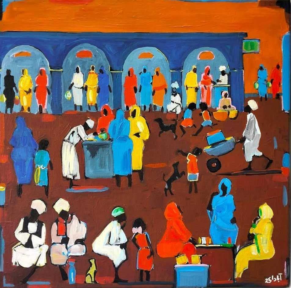 A vibrant acrylic painting on canvas depicting a market scene with figures in colorful attire, shelters, and market stalls, signed with the artist's name in the lower right corner.