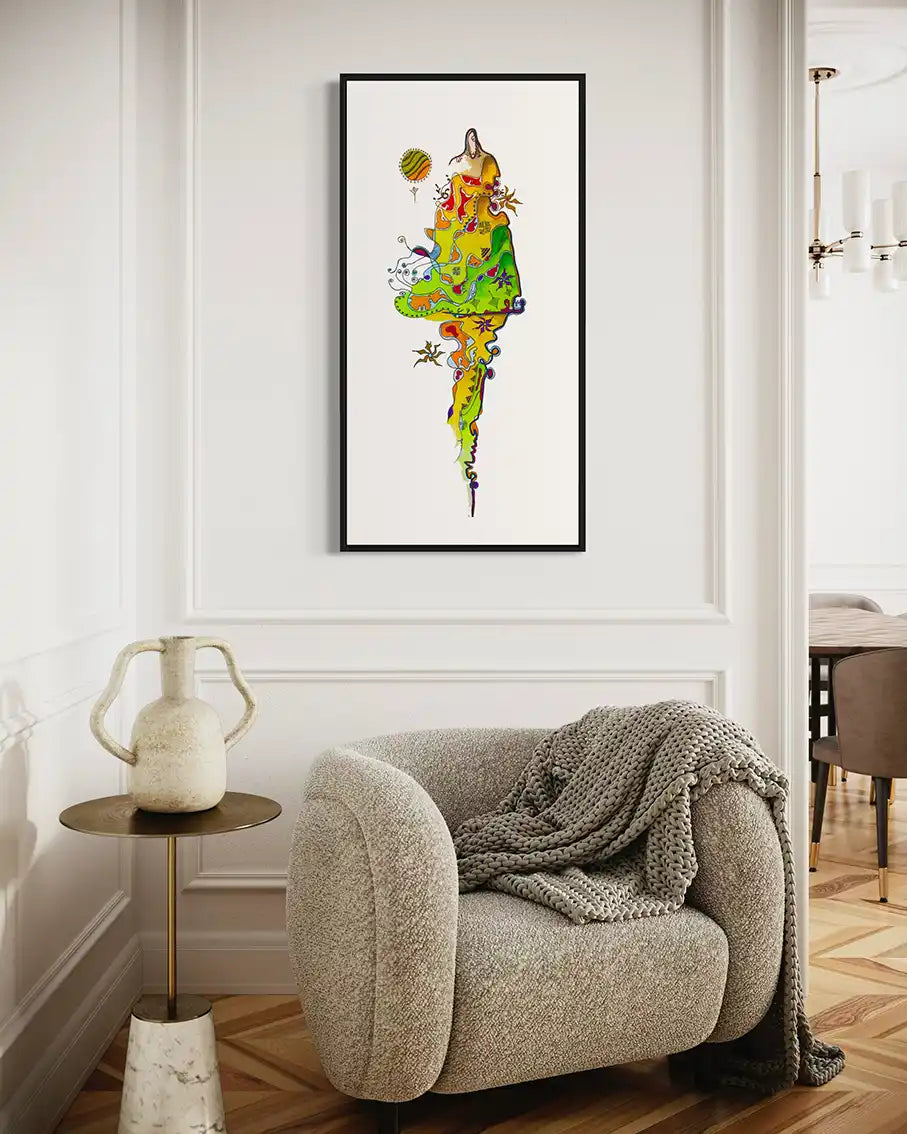 Colorful abstract art print 'Bride of the nile' by Yousif Ibrahim on a wall above a beige armchair with a textured blanket.