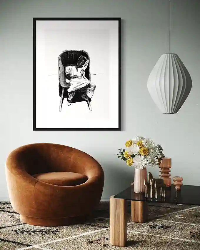 Contemporary living room with Dream of a Better Tomorrow black and white art print by Obada Gabir above modern furniture