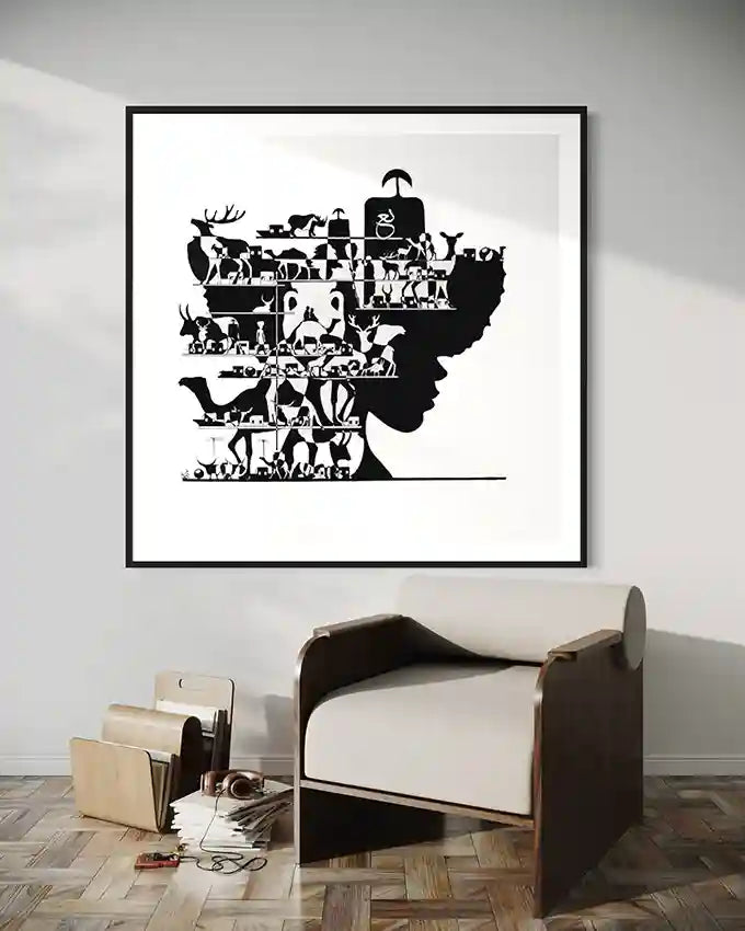 art print 'Enas' by Yousif Ibrahim displayed on a wall above a wooden armchair  with a small potted plant to the side. UAE 