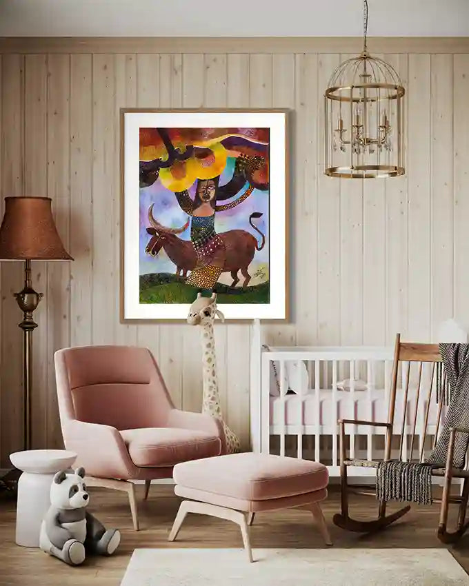 "Field of Abundance" colorful art print in nursery with pink chair, white crib, and wooden rocking chair.