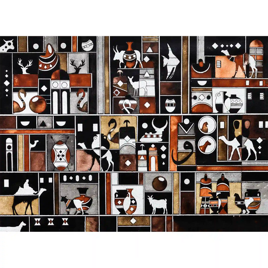 A variety of abstract and figurative artwork pieces arranged in a collage pattern, featuring a mix of cultural symbols, calligraphy, and geometric shapes in a digital print style.