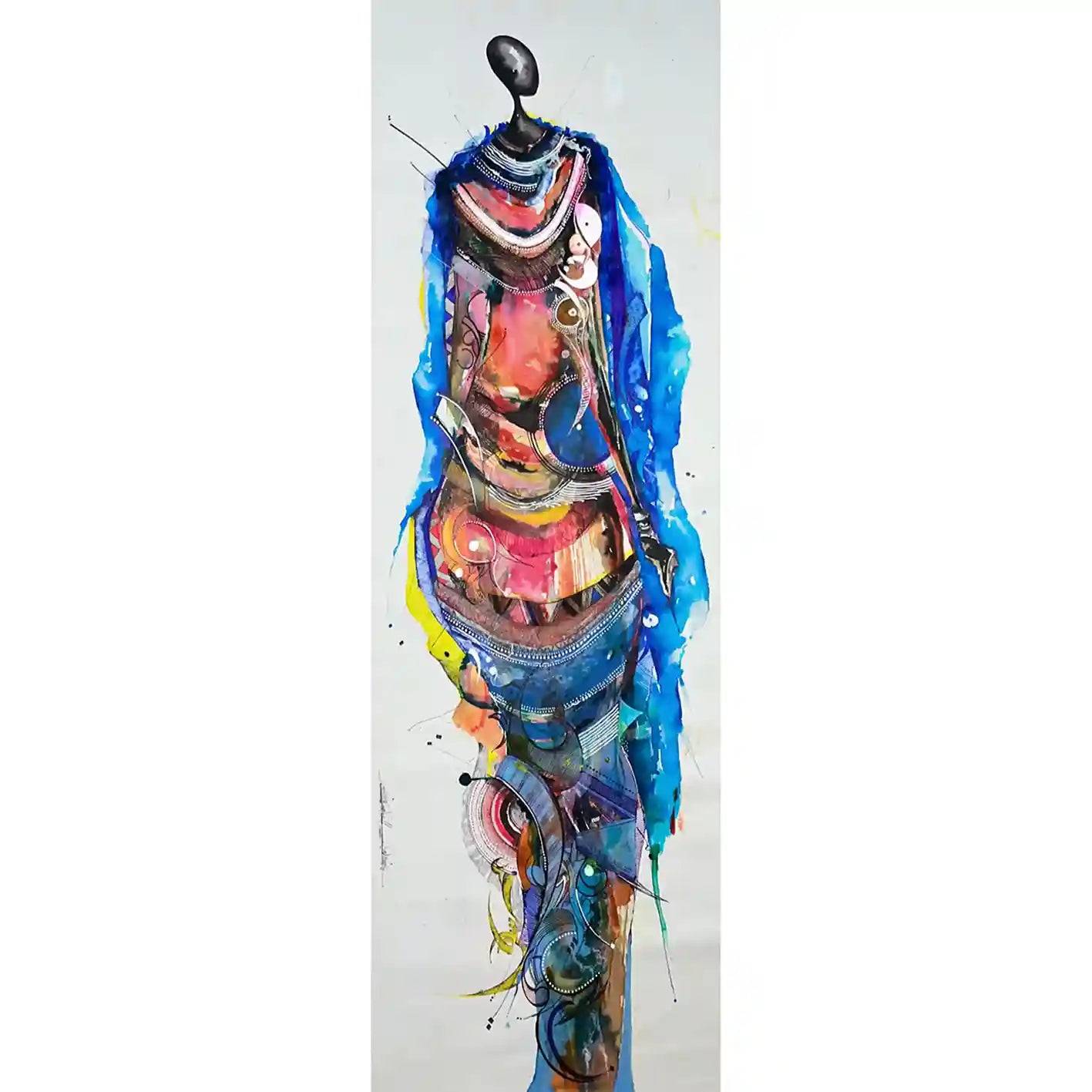 Grace by Mohamed Wraag, vertical mixed media painting of Sudanese woman in flowing blue cloak with geometric coral patterns