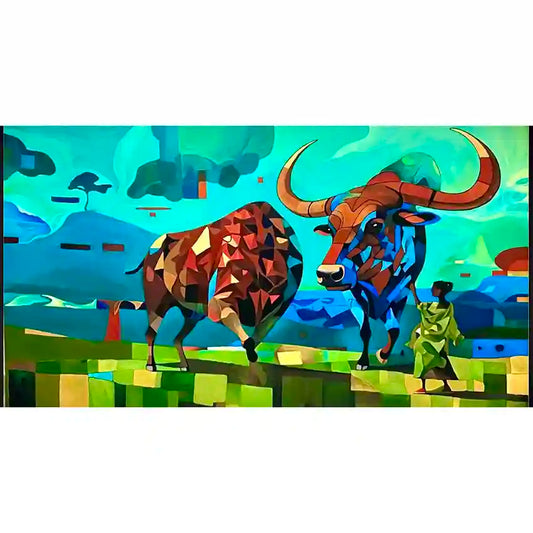 Colorful abstract painting of two bulls and a person in a landscape.